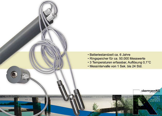 Batteriestandzeit ca. 6 Jahre
Ringspeicher für ca. 50.000 Messwerte
3 Temperaturen erfassbar, Auflösung 0,1°C
Messintervalle von 1 Sek. bis 24 Std.